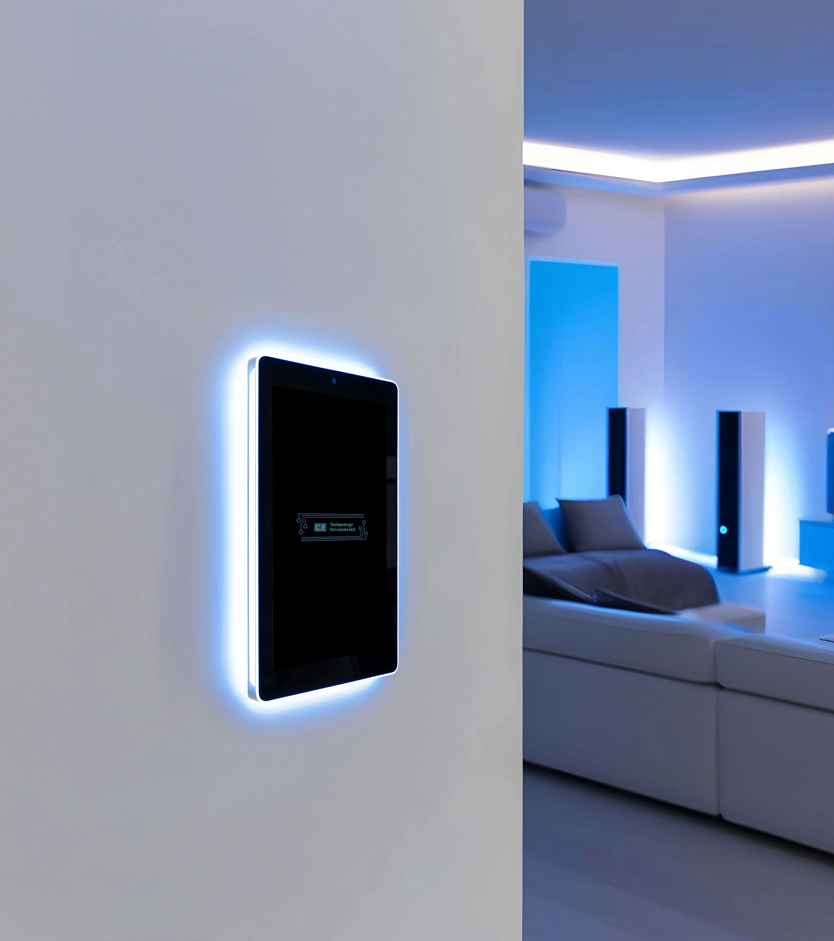Smart touchscreen panel mounted on a wall in a modern living room with ambient blue lighting, showcasing a sleek, futuristic home automation setup.