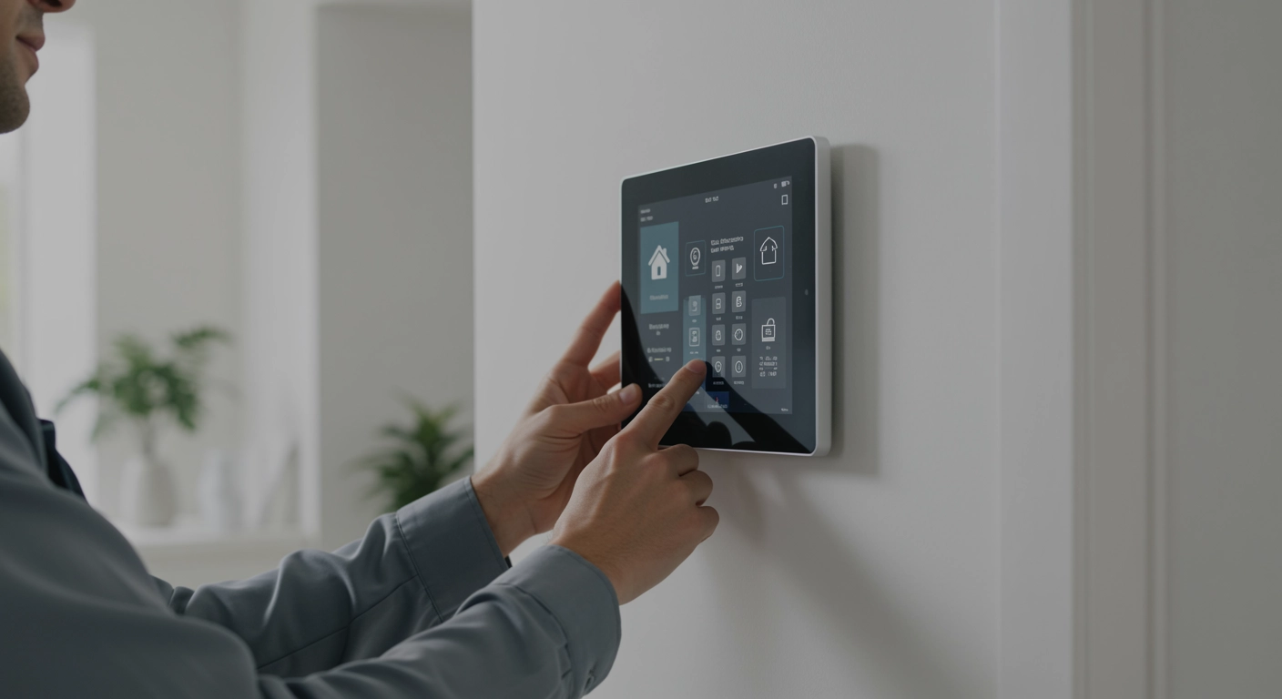 A close-up of a technician’s hands configuring a modern smart home control panel on the wall of a stylish, well-lit residential interior.